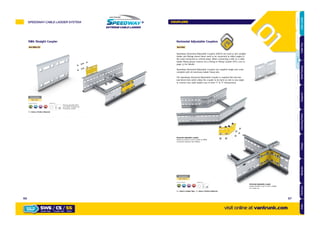 Horizontal Adjustable Couplers
Ref.HAC
SW6 Straight Coupler
Ref.SW6/CS
Speedway Horizontal Adjustable Couplers (HAC’s) are used to join straight
ladder and fittings where these need to be connected at offset angles in
the same horizontal or vertical plane. When connecting a HAC to a cable
ladder fitting please connect via a Fitting to Fitting Coupler (FFC), turn to
page 73 for details.
Speedway Horizontal Adjustable Couplers are supplied singly and come
complete with all necessary ladder fixing sets.
The Speedway Horizontal Adjustable Coupler is supplied flat and has
easi-bend slots which allow the coupler to be bent on site to any angle
to connect two cable ladder runs to form ‘T’ & ‘Y’ intersections.
Horizontal adjustable couplers
shown as a pair in use to create an offset
connection between two ladders
Horizontal adjustable coupler
shown formed to 90° to join a ladder
to a main run
Part Number
SW6/CS/
x8
Supplied with:Finishes & Materials:
GALVANISED AFTER STAINLESS CORTEN STEEL
Showing assembly detail
onto ladder. Supplied with
8 ﬁxings per coupler
= Select a Finish & Material
Part Number
SW /HAC/
x8
Supplied with:Finishes & Materials:
GALVANISED AFTER STAINLESS CORTEN STEEL
= Select a Ladder Type = Select a Finish & Material
HOT DIPPED
GK
HOT DIPPED
GK
SPEEDWAY CABLE LADDER SYSTEM
visit online at vantrunk.com
COUPLERS
SW6 / CS / SS
System Type Finish
HOW TO
ORDER
Coupler Type
6766
AccessoriesCoversTechnicalCouplersFittingsLengths
CableLadderCableTraySteelFramingSupportsMountingFrameFixingsBespokeIndexTechnical
 