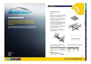 The Speedway Cable Ladder System is complemented by a
range of accessories designed to aid installation and to add
additional functionality & ﬂexibility to the Speedway Cable
Ladder System.
ACCESSORIES
From versatile ﬁxing clamps and brackets to junction box mounting plates and instrumentation
tubing clamp plates, the Vantrunk range of Speedway Accessories have been designed over
many years to represent cost-effective & practical solutions in the real installation environment.
ACCREDITED TO THE
FOLLOWING STANDARD
External Flange Clamp
Ref.EFC
The External Flange Clamp (EFC) forms a simple but
effective means of connecting Speedway Cable Ladder
and Fittings to the supporting structure.
Designed for use with either channel (BS 6946 strut
type) or structural steelwork, the external flange
clamp has an M10 clearance hole.
Forming a secure clamping attachment onto the
bottom flange of the Speedway profile, the external
flange clamp can be used with all Speedway SW4,
SW5, & SW6 cable ladder and fittings.
The External Flange Clamp is suitable for securing
horizontal runs of Speedway Cable Ladder and
Fittings in the horizontal plane.
External Flange Clamps are not suitable for
supporting Speedway Cable Ladder installed as
part of a vertical run.
WB A
C
D
Ladder Type
Dimensions (mm)
A B C D
Speedway SW4
44.5 55 W+89 W+110Speedway SW5
Speedway SW6
W = Ladder Width
The following table gives the recommended fixing hole centres
and general dimensions when using External Flange Clamps.
Part Number Thread Length Description
M10x25 25 M10 x 25 Hex Head Bolt
M10x30 30 M10 x 30 Hex Head Bolt
M10x35 35 M10 x 35 Hex Head Bolt
M10x40 40 M10 x 40 Hex Head Bolt
The minimum thread length for the M10 fixing bolt is 22mm
plus the thickness of the supporting steelwork. Refer to the
table below for details of the fixing bolts.
Part Number
SW/EFC/
= Select a Finish & Material
x0
Supplied with:Finishes & Materials:
GALVANISED AFTER STAINLESS CORTEN STEEL
MOUNTING FIXINGS
NOT INCLUDED
HOT DIPPED
GK
visit online at vantrunk.com
ACCESSORIES
SW / EFC / SS
Accessory Type Finish
HOW TO
ORDER
System Type
75
AccessoriesCoversTechnicalCouplersFittingsLengths
CableLadderCableTraySteelFramingSupportsMountingFrameFixingsBespokeIndexTechnical
 