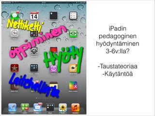 iPadin
pedagoginen
hyödyntäminen
3-6v:lla?

-Taustateoriaa
-Käytäntöä
 
