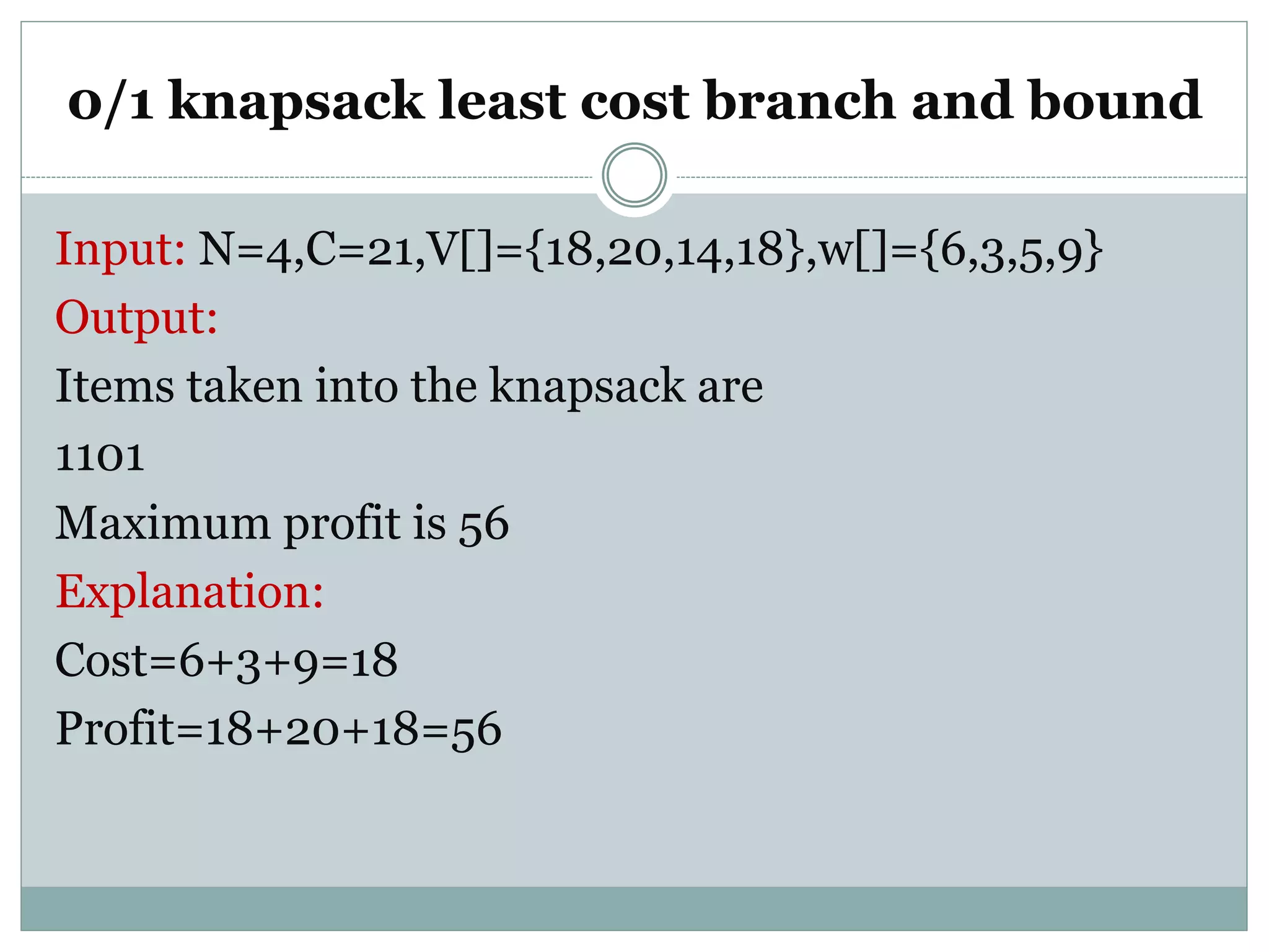 0/1 knapsack least cost branch and bound
Input: N=4,C=21,V[]={18,20,14,18},w[]={6,3,5,9}
Output:
Items taken into the knapsack are
1101
Maximum profit is 56
Explanation:
Cost=6+3+9=18
Profit=18+20+18=56
 