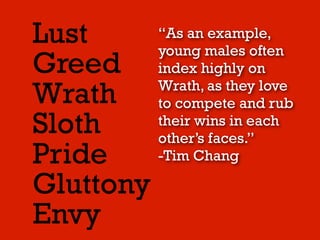 Lust
Greed
Wrath
Sloth
Pride
Gluttony
Envy
 