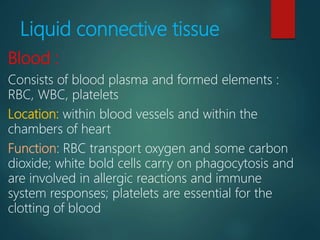 Liquid connective tissue
Blood :
Consists of blood plasma and formed elements :
RBC, WBC, platelets
Location: within blood vessels and within the
chambers of heart
Function: RBC transport oxygen and some carbon
dioxide; white bold cells carry on phagocytosis and
are involved in allergic reactions and immune
system responses; platelets are essential for the
clotting of blood
 