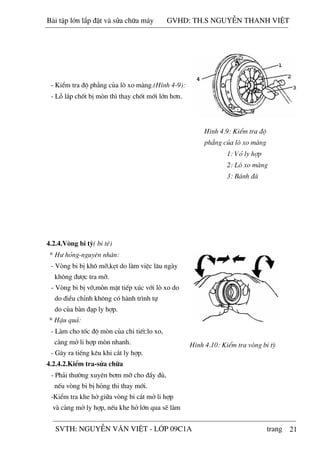 21
- KiÓm tra ®é ph¼ng cña lß xo mµng.(H×nh 4-9):
- Lç l¾p chèt bÞ mßn th× thay chèt míi lín h¬n.
4.2.4.Vßng bi tú( bi tª)
* H­ háng-nguyªn nh©n:
- Vßng bi bÞ kh« mì,kÑt do lµm viÖc l©u ngµy
kh«ng ®­îc tra mì.
- Vßng bi bÞ vì,mßn mÆt tiÕp xóc víi lß xo do
do ®iÒu chØnh kh«ng cã hµnh tr×nh tù
do cña bµn ®¹p ly hîp.
* HËu qu¶:
- Lµm cho tèc ®é mßn cña chi tiÕt:lo xo,
cµng më li hîp mßn nhanh.
- G©y ra tiÕng kªu khi c¾t ly hîp.
4.2.4.2.KiÓm tra-söa ch÷a
- Ph¶i th­êng xuyªn b¬m mì cho ®Çy ®ñ,
nÕu vßng bi bÞ háng thi thay míi.
-KiÓm tra khe hë gi÷a vßng bi c¾t më li hîp
vµ cµng më ly hîp, nÕu khe hë lín qua sÏ lµm
H×nh 4.9: KiÓm tra ®é
ph¼ng cña lß xo mµng
1: Vá ly hîp
2: Lß xo mµng
3: B¸nh ®µ
H×nh 4.10: KiÓm tra vßng bi tú
Bài t p l n l p đ t và s a ch a máy GVHD: TH.S NGUY N THANH VI T
SVTH: NGUY N VĂN VI T - L P 09C1A trang
 