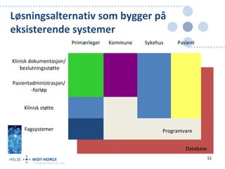 Løsningsalternativ som bygger på
eksisterende systemer
                         Primærleger   Kommune   Sykehus    Pasient


Klinisk dokumentasjon/
    beslutningsstøtte

Pasientadministrasjon/
        -forløp


    Klinisk støtte


     Fagsystemer                                       Programvare


                                                               Database
                                                                          12
 