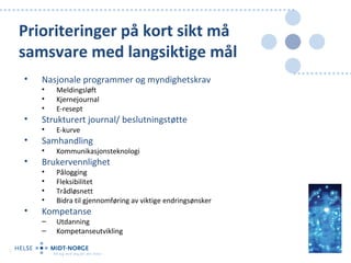 Prioriteringer på kort sikt må
    samsvare med langsiktige mål
    •   Nasjonale programmer og myndighetskrav
        •   Meldingsløft
        •   Kjernejournal
        •   E-resept
    •   Strukturert journal/ beslutningstøtte
        •   E-kurve
    •   Samhandling
        •   Kommunikasjonsteknologi
    •   Brukervennlighet
        •   Pålogging
        •   Fleksibilitet
        •   Trådløsnett
        •   Bidra til gjennomføring av viktige endringsønsker
    •   Kompetanse
        –   Utdanning
        –   Kompetanseutvikling

9
 