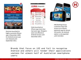 ANZ Banking Group
                           Coles launched an         customers have had
                           iPhone app more than      access to an iPhone
                           two years ago. Shoppers   payments app for almost
Dominos launched its
                           were not offered an       18 months. An Android
highly successful iPhone
                           Android version until     option is not expected
app in November 2009.
                           December 2011.            until mid 2012.
Its Android version was
not released until
September 2011.
 