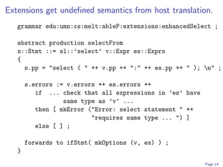 Extensions get undeﬁned semantics from host translation.
   grammar edu:umn:cs:melt:ableP:extensions:enhancedSelect ;

   abstract production selectFrom
   s::Stmt ::= sl::’select’ v::Expr es::Exprs
   {
     s.pp = "select ( " ++ v.pp ++ ":" ++ es.pp ++ " ); n" ;

       s.errors := v.errors ++ es.errors ++
          if ... check that all expressions in ’es’ have
                  same type as ’v’ ...
          then [ mkError ("Error: select statement " ++
                          "requires same type ... ") ]
          else [ ] ;

       forwards to ifStmt( mkOptions (v, es) ) ;
   }
                                                           Page 14
 