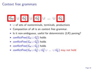 Context free grammars


          1    2          i
    GH ∪ GE ∪ GE ∪ ... ∪ GE
      ∪ of sets of nonterminals, terminals, productions
      Composition of all is an context free grammar.
      Is it non-ambiguous, useful for deterministic (LR) parsing?
                        1
      conﬂictFree(GH ∪ GE ) holds
                        2
      conﬂictFree(GH ∪ GE ) holds
                        i
      conﬂictFree(GH ∪ GE ) holds
                        1    2          i
      conﬂictFree(GH ∪ GE ∪ GE ∪ ... ∪ GE ) may not hold




                                                                    Page 16
 