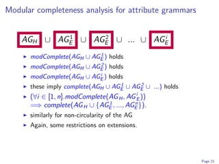 Modular completeness analysis for attribute grammars


            1     2           i
    AGH ∪ AGE ∪ AGE ∪ ... ∪ AGE
                          1
      modComplete(AGH ∪ AGE ) holds
                          2
      modComplete(AGH ∪ AGE ) holds
                          i
      modComplete(AGH ∪ AGE ) holds
                                   1     2
      these imply complete(AGH ∪ AGE ∪ AGE ∪ ...) holds
      (∀i ∈ [1, n].modComplete(AG H , AG iE ))
                               1        n
      =⇒ complete(AG H ∪ {AGE , ..., AGE }).
      similarly for non-circularity of the AG
      Again, some restrictions on extensions.




                                                          Page 21
 