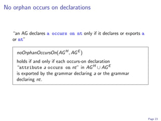 No orphan occurs on declarations


   “an AG declares a occurs on nt only if it declares or exports a
   or nt”

    noOrphanOccursOn(AG H , AG E )
    holds if and only if each occurs-on declaration
    “attribute a occurs on nt” in AG H ∪ AG E
    is exported by the grammar declaring a or the grammar
    declaring nt.




                                                                     Page 23
 