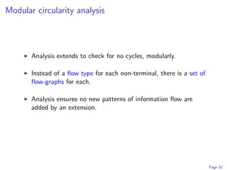 Modular circularity analysis




       Analysis extends to check for no cycles, modularly.

       Instead of a ﬂow type for each non-terminal, there is a set of
       ﬂow-graphs for each.

       Analysis ensures no new patterns of information ﬂow are
       added by an extension.




                                                                        Page 32
 