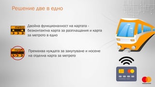 Решение две в едно
Двойна функционалност на картата -
безконтактна карта за разплащания и карта
за метрото в едно
Премахва нуждата за закупуване и носене
на отделна карта за метрото
 