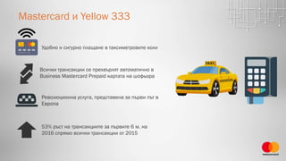 Mastercard и Yellow 333
Удобно и сигурно плащане в таксиметровите коли
Всички трансакции се прехвърлят автоматично в
Business Mastercard Prepaid картата на шофьора
Революционна услуга, представена за първи път в
Европа
53% ръст на трансакциите за първите 6 м. на
2016 спрямо всички трансакции от 2015
 