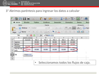 3° Abrimos paréntesis para ingresar los datos a calcular
• Seleccionamos todos los flujos de caja.
 