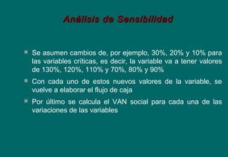  Se asumen cambios de, por ejemplo, 30%, 20% y 10% para
las variables críticas, es decir, la variable va a tener valores
de 130%, 120%, 110% y 70%, 80% y 90%
 Con cada uno de estos nuevos valores de la variable, se
vuelve a elaborar el flujo de caja
 Por último se calcula el VAN social para cada una de las
variaciones de las variables
Análisis de SensibilidadAnálisis de Sensibilidad
 