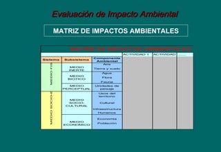 Evaluación de Impacto AmbientalEvaluación de Impacto Ambiental
ACTIVIDAD 1 ACTIVIDAD 2.......
Sistema Subsistema
Componente
Ambiental
Aire
MEDIO
INERTE
Tierra y suelo
Agua
MEDIO
BIOTICO
Flora
Fauna
MEDIO
PERCEPTUAL
Unidades de
paisaje
Usos del
territorio
MEDIO
SOCIO-
CULTURAL
Cultural
Infraestructura
Humanos
Economía
MEDIO
ECONOMICO
Población
MATRIZ DE IMPACTOS AMBIENTALESMEDIOFISICOMEDIOSOCIO-EONOMICO
MATRIZ DE IMPACTOS AMBIENTALES
 