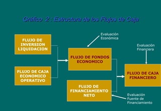 Gráfico 2 : Estructura de los Flujos de CajaGráfico 2 : Estructura de los Flujos de Caja
FLUJO DE
INVERSION
LIQUIDACION
FLUJO DE CAJA
ECONOMICO
OPERATIVO
FLUJO DE FONDOS
ECONOMICO
FLUJO DE
FINANCIAMIENTO
NETO
FLUJO DE CAJA
FINANCIERO
Evaluación
Económica
Evaluación
Financiera
Evaluación
Fuente de
Financiamiento
 