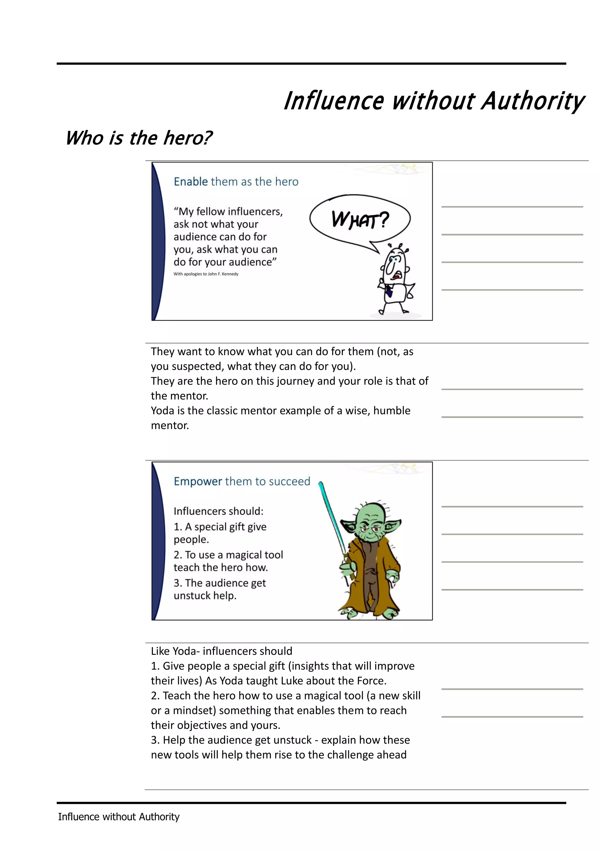 Influence without Authority
Influence without Authority
Who is the hero?
They want to know what you can do for them (not, as
you suspected, what they can do for you).
They are the hero on this journey and your role is that of
the mentor.
Yoda is the classic mentor example of a wise, humble
mentor.
Like Yoda- influencers should
1. Give people a special gift (insights that will improve
their lives) As Yoda taught Luke about the Force.
2. Teach the hero how to use a magical tool (a new skill
or a mindset) something that enables them to reach
their objectives and yours.
3. Help the audience get unstuck - explain how these
new tools will help them rise to the challenge ahead
 