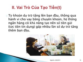 Từ khoản dự trữ tăng lên ban đầu, thông qua 
hành vi cho vay bằng chuyển khoản, hệ thống 
ngân hàng có khả năng tạo nên số tiền gửi 
(tức tiền tín dụng) gấp nhiều lần số dự trữ tăng 
thêm ban đầu. 
Nghệ An, 28/5/2014 10 
 