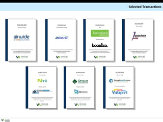 $25,000,000 Series D Funding The undersigned served as exclusive financial advisor to Airwide Solutions Undisclosed Sale The undersigned served as financial advisor to Katzenbach Partners LLC in its sale to Booz & Company has been sold to The undersigned served as financial advisor to Lilliputian Systems $8,500,000 Venture Debt Undisclosed Financial Restructuring The undersigned served as financial advisor to Datatrac Undisclosed Exclusive Sale The undersigned served as exclusive financial advisor to Optram Incorporated in its sale to Bentley Systems, Inc. has been sold to $6,500,000 Exclusive Sale The undersigned served as exclusive financial advisor to Softsight LLC Undisclosed Exclusive Sale The undersigned served as exclusive financial advisor to NTRU Cryptosystems, Inc. in its sale to Security Innovation. has been sold to Selected Transactions has been acquired by 
