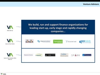 Venture Advisors What We Do We build, run and support finance organizations for leading start-up, early stage and rapidly changing companies… Some of Our Clients Some of the Investors Who Value Us 