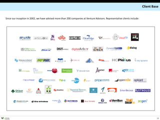 Client Base


 Since our inception in 2002, we have advised more than 200 companies at Venture Advisors. Representative clients include:




VENTURE
ADVISORS
                                                                                                                                       13
 