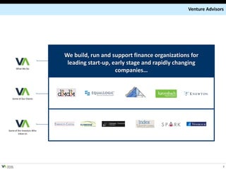 Venture Advisors




                              We build, run and support finance organizations for
                               leading start-up, early stage and rapidly changing
           What We Do
                                                  companies…



      Some of Our Clients




  Some of the Investors Who
           Value Us




VENTURE
ADVISORS
                                                                                            2
 