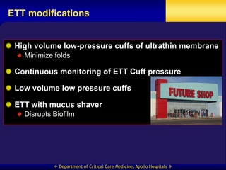 ETT modifications


 High volume low-pressure cuffs of ultrathin membrane
   Minimize folds

 Continuous monitoring of ETT Cuff pressure

 Low volume low pressure cuffs

 ETT with mucus shaver
   Disrupts Biofilm




             Department of Critical Care Medicine, Apollo Hospitals 
 