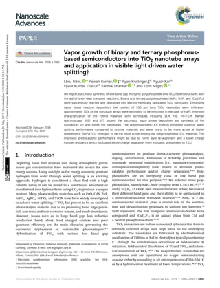 Vapor growth of binary and ternary phosphorus-
based semiconductors into TiO2 nanotube arrays
and application in visible light driven water
splitting†
Ebru ¨Uzer, a
Pawan Kumar, ‡b
Ryan Kisslinger,‡b
Piyush Kar,b
Ujwal Kumar Thakur,b
Karthik Shankar *b
and Tom Nilges *a
We report successful synthesis of low band gap inorganic polyphosphide and TiO2 heterostructures with
the aid of short-way transport reactions. Binary and ternary polyphosphides (NaP7, SnIP, and (CuI)3P12)
were successfully reacted and deposited into electrochemically fabricated TiO2 nanotubes. Employing
vapor phase reaction deposition, the cavities of 100 mm long TiO2 nanotubes were inﬁltrated;
approximately 50% of the nanotube arrays were estimated to be inﬁltrated in the case of NaP7. Intensive
characterization of the hybrid materials with techniques including SEM, FIB, HR-TEM, Raman
spectroscopy, XRD, and XPS proved the successful vapor phase deposition and synthesis of the
substances on and inside the nanotubes. The polyphosphide@TiO2 hybrids exhibited superior water
splitting performance compared to pristine materials and were found to be more active at higher
wavelengths. SnIP@TiO2 emerged to be the most active among the polyphosphide@TiO2 materials. The
improved photocatalytic performance might be due to Fermi level re-alignment and a lower charge
transfer resistance which facilitated better charge separation from inorganic phosphides to TiO2.
1. Introduction
Depleting fossil fuel reserves and rising atmospheric green-
house gas concentration have motivated the search for new
energy sources. Using sunlight as the energy source to generate
hydrogen from water through water splitting is an enticing
approach. Hydrogen is considered a clean fuel with a high
caloric value; it can be stored in a solid/liquid adsorbent or
transformed into hydrocarbons using CO2 to produce a syngas
mixture. Many photocatalytic materials such as ZnO, CdS, ZnS,
InVO4, AgPO4, SrTiO3 and TaON have been widely investigated
to achieve water splitting.1–4
TiO2 has proven to be an excellent
photocatalytic material due to its promising band edge poten-
tial, non-toxic and non-corrosive nature, and earth-abundance.
However, issues such as its large band gap, less reductive
conduction band, short lived charged carriers and poor
quantum eﬃciency are the main obstacles preventing the
successful deployment of sustainable photocatalysts.5–7
Hybridization of TiO2 with various low band gap
semiconductors to produce direct/Z-scheme photocatalysts,
doping, sensitization, formation of Schottky junctions and
nanoscale structural modication (i.e., nanotubes/nanorods/
nanospikes/nanospheres) have proven to enhance photo-
catalytic performance and/or charge separation.8–13
Poly-
phosphides are an intriguing class of low band gap
semiconductors for this purpose.14,15
We selected three poly-
phosphides, namely NaP7, SnIP (ranging from 1.71–1.86 eV)16–18
and (CuI)3P12 (2.84 eV, own measurement see below) because of
their diﬀerent band gaps and their ability to be synthesized in
a mineralizer-assisted transport reaction.19,20
NaP7, a 2 eV-
semiconductor material, plays a crucial role in the sodica-
tion and desodication processes in sodium ion batteries.18
SnIP represents the rst inorganic atomic-scale-double helix
compound and (CuI)3P12 is an adduct phase from CuI and
a neutral phosphorus chain.21–23
TiO2 nanotubes are hollow nano-sized cylinders that form in
vertically oriented arrays over large areas on the underlying
substrate. The nanotubes are fabricated by electrochemical
anodization of Ti lms or foil in electrolytes typically containing
FÀ
through the simultaneous occurrence of eld-assisted Ti
oxidation, eld-assisted dissolution of Ti and TiO2, and chem-
ical dissolution of TiO2.24,25
The as-synthesized nanotubes are
amorphous and are crystallized to n-type semiconducting
anatase either by annealing in air at temperatures of 350–550 
C
or by a hydrothermal treatment at lower temperatures.26,27
TiO2
a
Department of Chemistry, Technical University of Munich, Lichtenbergstr. 4, 85748
Garching, Germany. E-mail: tom.nilges@lrz.tum.de
b
Department of Electrical and Computer Engineering, 9211-116 Street NW, Edmonton,
Alberta, Canada T6G 1H9. E-mail: kshankar@ualberta.ca
† Electronic supplementary information (ESI) available. See DOI:
10.1039/c9na00084d
‡ Contributed equally.
Cite this: Nanoscale Adv., 2019, 1, 2881
Received 11th February 2019
Accepted 17th May 2019
DOI: 10.1039/c9na00084d
rsc.li/nanoscale-advances
This journal is © The Royal Society of Chemistry 2019 Nanoscale Adv., 2019, 1, 2881–2890 | 2881
Nanoscale
Advances
PAPER
OpenAccessArticle.Publishedon24May2019.Downloadedon5/26/20208:58:18PM.
ThisarticleislicensedunderaCreativeCommonsAttribution-NonCommercial3.0UnportedLicence.
View Article Online
View Journal | View Issue
 