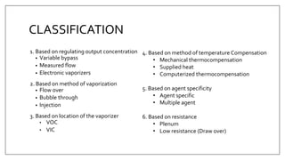 CLASSIFICATION
1. Based on regulating output concentration
• Variable bypass
• Measured flow
• Electronic vaporizers
2. Based on method of vaporization
• Flow over
• Bubble through
• Injection
3. Based on location of the vaporizer
• VOC
• VIC
4. Based on method of temperature Compensation
• Mechanical thermocompensation
• Supplied heat
• Computerized thermocompensation
5. Based on agent specificity
• Agent specific
• Multiple agent
6. Based on resistance
• Plenum
• Low resistance (Draw over)
 