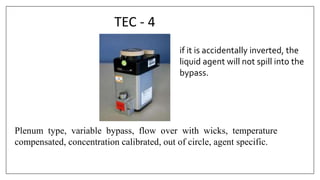 TEC - 4
Plenum type, variable bypass, flow over with wicks, temperature
compensated, concentration calibrated, out of circle, agent specific.
if it is accidentally inverted, the
liquid agent will not spill into the
bypass.
 