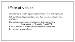 Effects of Altitude
• Clinical effect of volatile agents is determined by their partial pressure.
• SVP is unaffected by ambient pressure; thus, vaporiser output remains
unaffected.
• Change in the agent concentration in the delivered gas flow:
% 𝒐𝒇 𝒂𝒈𝒆𝒏𝒕 = % (𝒄𝒂𝒍) 𝒙 𝑷 (𝒄𝒂𝒍)/𝑷𝟏
P (cal) = pressure at an altitude when vaporizer is calibrated
P1 = pressure at given altitude
 
