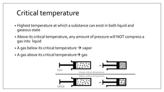 Critical temperature
• Highest temperature at which a substance can exist in both liquid and
gaseous state
• Above its critical temperature, any amount of pressure will NOT compress a
gas into liquid
• A gas below its critical temperature  vapor
• A gas above its critical temperature gas
 