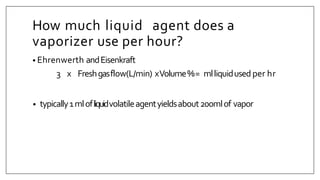 How much liquid agent does a
vaporizer use per hour?
• Ehrenwerth andEisenkraft
3 x Freshgasflow(L/min) xVolume%= mlliquidused per hr
• typically1mlofliquidvolatileagentyieldsabout200mlof vapor
 
