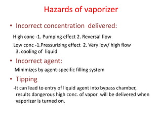 Hazards of vaporizer
• Incorrect concentration delivered:
High conc -1. Pumping effect 2. Reversal flow
Low conc -1.Pressurizing effect 2. Very low/ high flow
3. cooling of liquid
• Incorrect agent:
Minimizes by agent-specific filling system
• Tipping
-It can lead to entry of liquid agent into bypass chamber,
results dangerous high conc. of vapor will be delivered when
vaporizer is turned on.
 