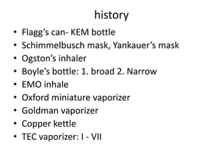 history
• Flagg’s can- KEM bottle
• Schimmelbusch mask, Yankauer’s mask
• Ogston’s inhaler
• Boyle’s bottle: 1. broad 2. Narrow
• EMO inhale
• Oxford miniature vaporizer
• Goldman vaporizer
• Copper kettle
• TEC vaporizer: I - VII
 