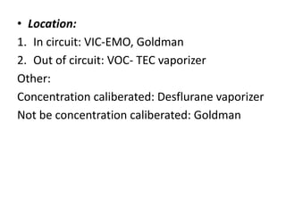 • Location:
1. In circuit: VIC-EMO, Goldman
2. Out of circuit: VOC- TEC vaporizer
Other:
Concentration caliberated: Desflurane vaporizer
Not be concentration caliberated: Goldman
 