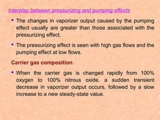 Interplay between pressurizing and pumping effects
 The changes in vaporizer output caused by the pumping
effect usually are greater than those associated with the
pressurizing effect.
 The pressurizing effect is seen with high gas flows and the
pumping effect at low flows.
Carrier gas composition
 When the carrier gas is changed rapidly from 100%
oxygen to 100% nitrous oxide, a sudden transient
decrease in vaporizer output occurs, followed by a slow
increase to a new steady-state value.

 