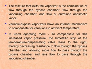  The mixture that exits the vaporizer is the combination of
flow through the bypass chamber, flow through the
vaporizing chamber, and flow of entrained anesthetic
vapor.
 Variable-bypass vaporizers have an internal mechanism
to compensate for variations in ambient temperature.
 In warm operating room - To compensate for this
increased vapor pressure, the bimetallic strip of the
temperature-compensating valve leans to the right,
thereby decreasing resistance to flow through the bypass
chamber and allowing more flow to pass through the
bypass chamber and less flow to pass through the
vaporizing chamber.

 