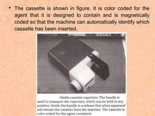 The cassette is shown in figure. It is color coded for the
agent that it is designed to contain and is magnetically
coded so that the machine can automatically identify which
cassette has been inserted.

 