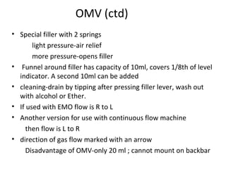 OMV (ctd)
• Special filler with 2 springs
light pressure-air relief
more pressure-opens filler
• Funnel around filler has capacity of 10ml, covers 1/8th of level
indicator. A second 10ml can be added
• cleaning-drain by tipping after pressing filler lever, wash out
with alcohol or Ether.
• If used with EMO flow is R to L
• Another version for use with continuous flow machine
then flow is L to R
• direction of gas flow marked with an arrow
Disadvantage of OMV-only 20 ml ; cannot mount on backbar
 