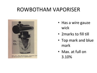 ROWBOTHAM VAPORISER
• Has a wire gauze
wick
• 2marks to fill till
• Top mark and blue
mark
• Max. at full on
3.10%
 