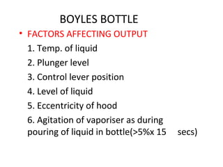 BOYLES BOTTLE
• FACTORS AFFECTING OUTPUT
1. Temp. of liquid
2. Plunger level
3. Control lever position
4. Level of liquid
5. Eccentricity of hood
6. Agitation of vaporiser as during
pouring of liquid in bottle(>5%x 15 secs)
 