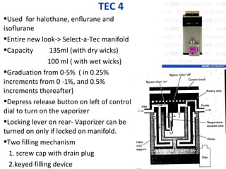 TEC 4
Used for halothane, enflurane and
isoflurane
Entire new look-> Select-a-Tec manifold
Capacity 135ml (with dry wicks)
100 ml ( with wet wicks)
Graduation from 0-5% ( in 0.25%
increments from 0 -1%, and 0.5%
increments thereafter)
Depress release button on left of control
dial to turn on the vaporizer
Locking lever on rear- Vaporizer can be
turned on only if locked on manifold.
Two filling mechanism
1. screw cap with drain plug
2.keyed filling device
 