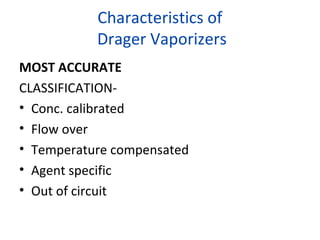 Characteristics of
Drager Vaporizers
MOST ACCURATE
CLASSIFICATION-
• Conc. calibrated
• Flow over
• Temperature compensated
• Agent specific
• Out of circuit
 