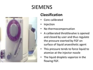 SIEMENS
Classification
• Conc calibrated
• Injection
• No thermocompensation
• A caliberated throttlevalve is opened
and closed by user and thus regulate
the pressure exerted by FGF on
surface of liquid anaesthetic agent
• This pressure tends to force liquid to
atomize at the injector nozzle
• The liquid droplets vaporize in the
flowing FGF.
 