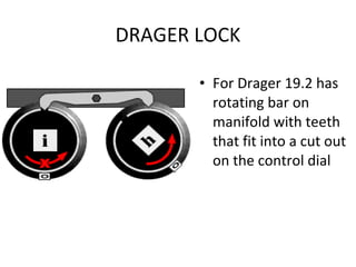 DRAGER LOCK
• For Drager 19.2 has
rotating bar on
manifold with teeth
that fit into a cut out
on the control dial
 