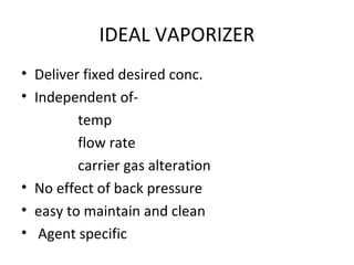 IDEAL VAPORIZER
• Deliver fixed desired conc.
• Independent of-
temp
flow rate
carrier gas alteration
• No effect of back pressure
• easy to maintain and clean
• Agent specific
 