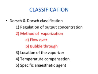 CLASSIFICATION
• Dorsch & Dorsch classification
1) Regulation of output concentration
2) Method of vaporization
a) Flow over
b) Bubble through
3) Location of the vaporizer
4) Temperature compensation
5) Specific anaesthetic agent
 