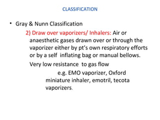 CLASSIFICATION
• Gray & Nunn Classification
2) Draw over vaporizers/ Inhalers: Air or
anaesthetic gases drawn over or through the
vaporizer either by pt’s own respiratory efforts
or by a self inflating bag or manual bellows.
Very low resistance to gas flow
e.g. EMO vaporizer, Oxford
miniature inhaler, emotril, tecota
vaporizers.
 
